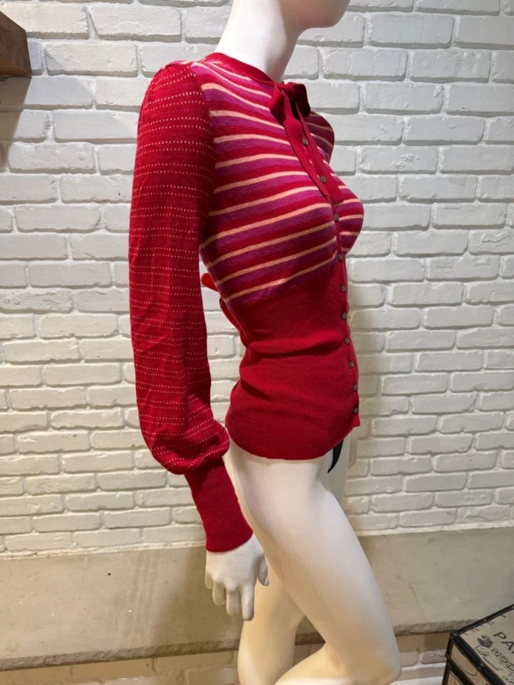 Free People Red Stripe Tie Neck Sweater S NWOT Boho Knit Blouse - Picture 11 of 14